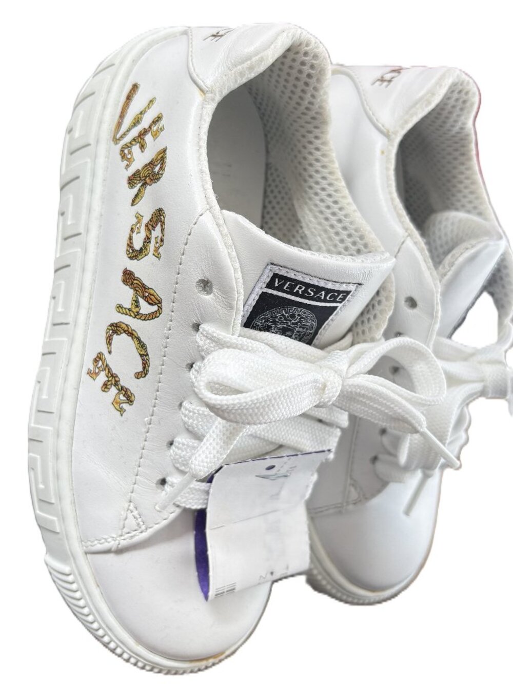 Girls white leather VERSACE designer sneakers w/gold logo size 12.5C, 30 EU Kids